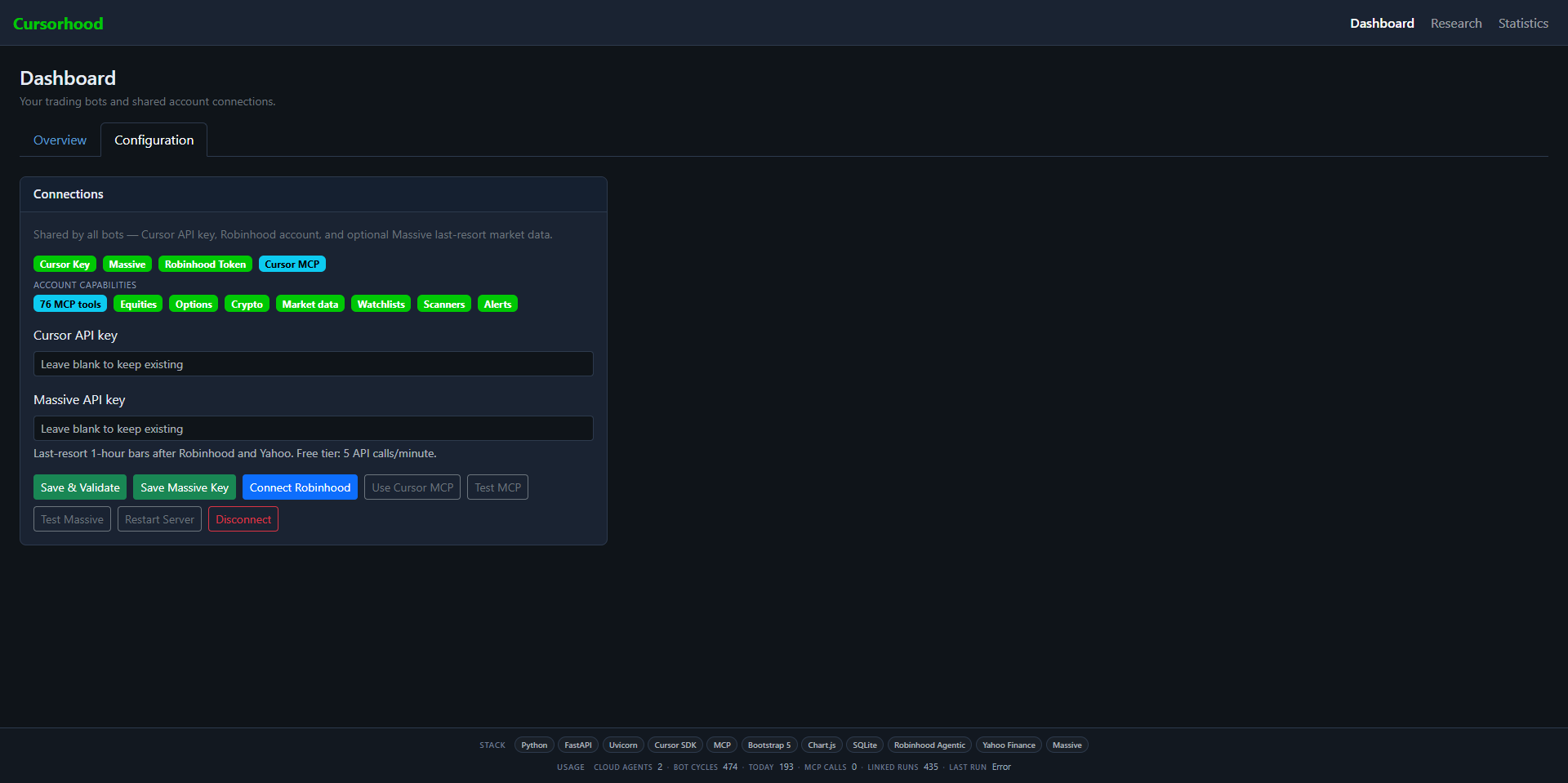 Configuration tab with connection status and key fields for Cursor, Massive, and Robinhood.