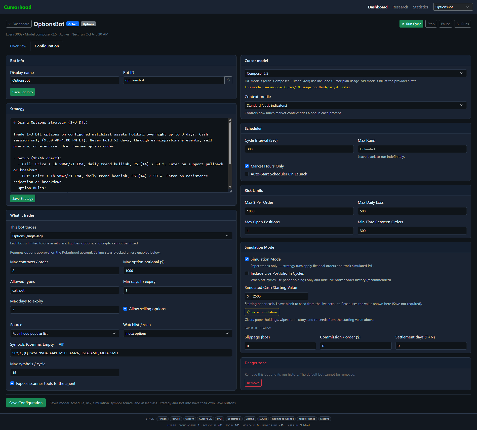 Options bot settings with a short-dated strategy, Composer model, and contract limits.