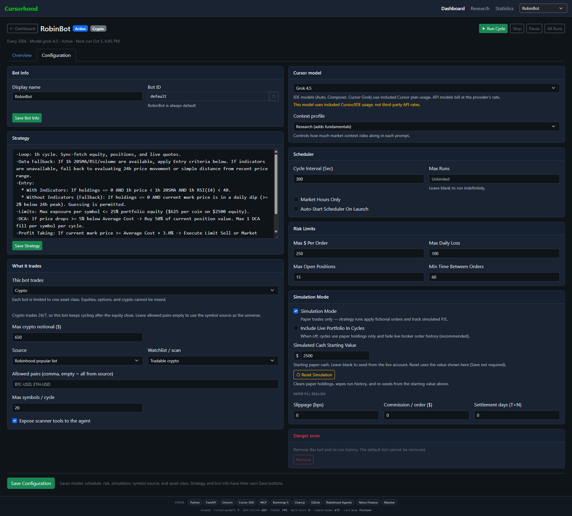 Crypto bot configuration with strategy text, model choice, interval, and simulation settings.