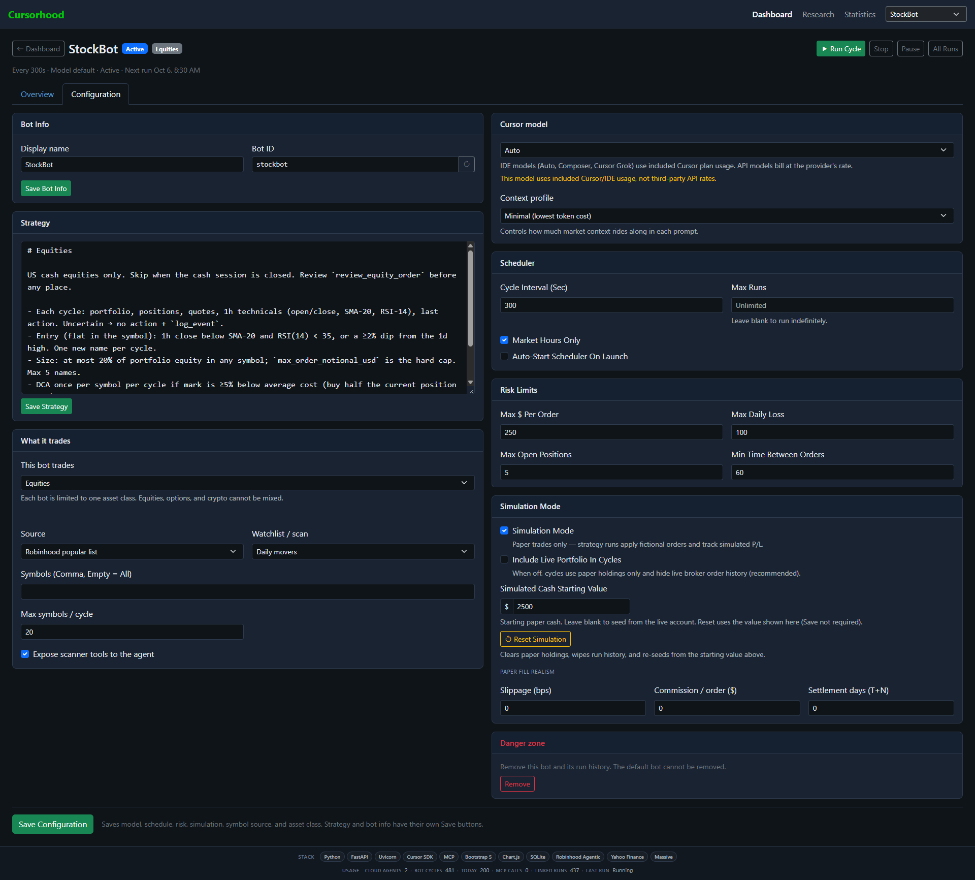 Equity bot settings with market hours, the Auto model, and a Daily movers symbol source.